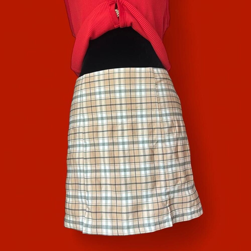 Papaya Plaid Mini Skirt Sage Beige Stretch Preppy Y2K Size M